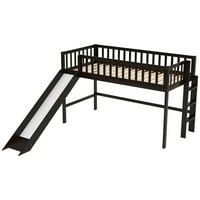 Bračni krevet u potkrovlju s toboganom, drveni niski okvir dječjeg kreveta sa ljestvama i ogradama pune duljine,