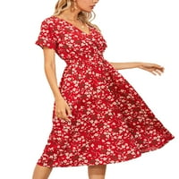 Ženska ljetna cvjetni print haljina s kratkim rukavima s V-izrezom vitki-strujni ljuljač midi haljina