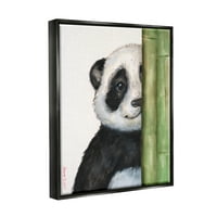 _ Panda medvjed koji viri iza bambusa, nasmijani životinjski uzorak, mrkli mrak, uokvireno plutajuće platno, zidni