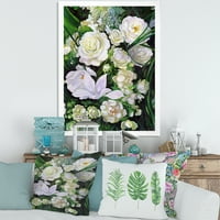Dizajnerska umjetnost buket bijelih ruža sa zelenim lišćem tradicionalni uokvireni umjetnički tisak