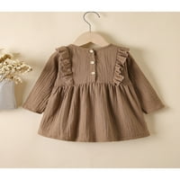 Jesenska haljina za djevojčice, jednobojna, okruglog vrata i flounces, ležerna suknja s dugim rukavima s gumbima