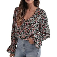 Ženska modna ležerna labava majica s izrezom u obliku slova U i cvjetnim printom s dugim rukavima od 8 do 4868412