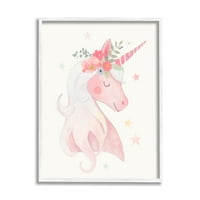 Stupell Industries Pastel Smiling Unicorn ružičasti cvijet cvjetova Crown Crown Graphic Art White Framed Art Print