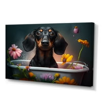 Dizajnirati smiješni crni daschund pseći psa koji uzima cvjetnu kupatilo ii platno zidna umjetnost