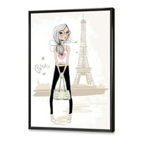 Dizajnerska umjetnost slatka djevojka na Eiffelovom tornju dječja umjetnost na platnu uokvireni zidni tisak