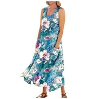 Moderna ljetna ležerna udobna cvjetna pamučna haljina bez rukava s džepom za plažu za žene u plavoj boji