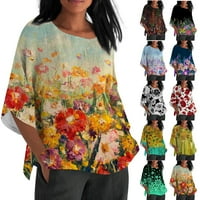 Pamučni platneni vrhovi za žene ljetni cvjetni print vrhovi casual majica majica bluza pamučna lanena posada za