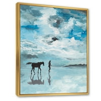 Dizajnerska umjetnost mirna scena s konjem i čovjekom koji trče uz vodu Seoska kuća uokvirena na platnu, zidni