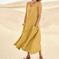 2 modna ženska ležerna jednobojna pamučna haljina bez rukava labava Maksi haljina s naramenicama s džepovima žuta