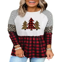 Ženska božićna majica s okruglim vratom s kariranim printom na rukavima