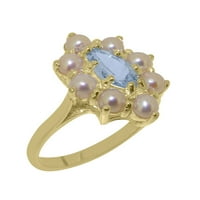 Ženski jubilarni prsten od 10k britanskog punog žutog zlata s prirodnim akvamarinom i kultiviranim biserima -