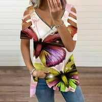 Ženska labava modna majica s patentnim zatvaračem bez naramenica s kratkim rukavima s printom leptira gornji dio