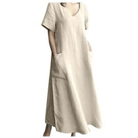 Ženske jesenske haljine-maksi haljine od pamuka i lana kratkih rukava s izrezom i džepovima u obliku slova u,