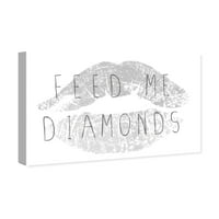 Wynwood Studio Moda i glam zidne umjetničke platnene platnene usne 'Feed Me Diamonds' - siva, bijela