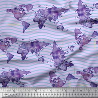 Ljubičasta modalna satenska tkanina s valovitim printom i kartama svijeta za šivanje širine dvorišta