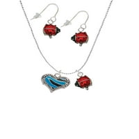 Svijetloplavi set nakita s tigrastim printom, crvena ogrlica od bubamara i naušnice na navijanje