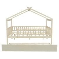 Krevet u punoj veličini s ladicom, drveni okvir kreveta s krovom i ogradom u obliku ograde, Montessori krevet