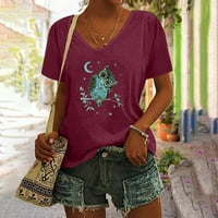 Usmixi ženske bluze i vrhovi Odjeljni kratki rukavi V-izrez Owl Print Summer Slatke košulje plus veličine prozračne