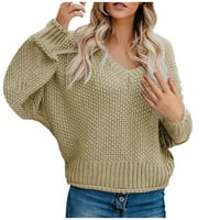 Jednobojni pleteni džemperi za žene s dugim rukavima šišmiš s izrezom u obliku slova u, ležerni labavi pleteni