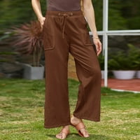 Ženske ležerne čvrste boje labavi džepovi Elastični pojas struka hlače duge hlače ženske hlače smeđe s
