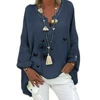 Ženska ležerna bluza od pamuka i lana, široka Ženska ljetna tunika s izrezom u obliku slova U, majice