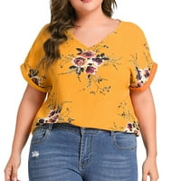 majice s kratkim rukavima, osnovna bluza s kratkim rukavima, Cvjetni ljetni vrhovi za žene Plus size, žuti;