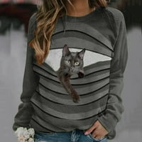 - Košulje za žene, casual pulover s dugim rukavima s uzorkom mačke, široka košulja s okruglim vratom s cvjetnim