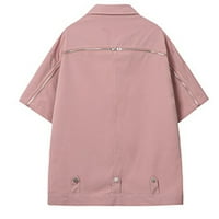 Caveitl vrhovi za muškarce, muški kratki rukavi Čvrsta casualr okretna ogrlica bluza bluza bluza ružičasta