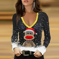 Ženski topovi za žene, ležerni puloveri s izrezom i božićnim printom, majice s dugim rukavima, majice s grafičkim