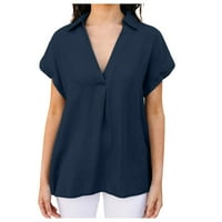 Ljetni vrhovi za žene, ljetna modna ležerna jednobojna pamučna košulja od konoplje s izrezom i kratkim rukavima,