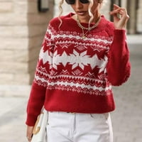 Ženski Božićni džemper s uzorkom snježne pahulje, pulover s dugim rukavima s cvjetnim printom losa, boja vina