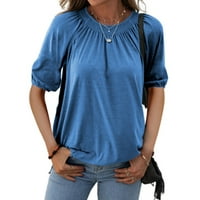 Ženska jednobojna majica s okruglim vratom od pamuka, labavi nabrani vrhovi kratkih rukava