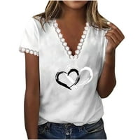 Ženski ljetni vrhovi, majice kratkih rukava s printom srca, tunike s cvjetnom čipkom i dekolteom u obliku slova