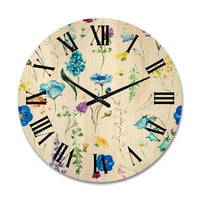 DesignArt 'plavi divlji cvjetovi s lišćem I' tradicionalni drveni zidni sat
