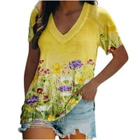Homadles v Neck Womens majice- na prodaji tiskani grafički vrhovi žuta veličina l