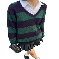 Donji dio/ ženski pleteni džemper za juniore s dugim rukavima s prugastim prugama, pulover s izrezom u obliku
