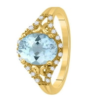 Mauli dragulji prstenovi za žene 1. Karatni dijamant i ovalni oblik Aqumarine prsten zuba 10k žuto zlato