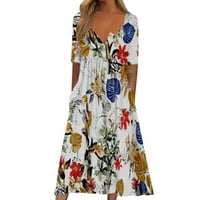 Ležerna Ženska haljina s dugim rukavima s cvjetnim printom na kopčanje veliki izrez Dugi rukav dvostruki džep