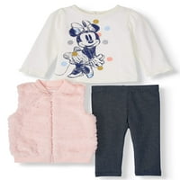Disney Minnie Mouse Beby Girl Fur prsluk, Jersey Top i Legging, Outfit Set