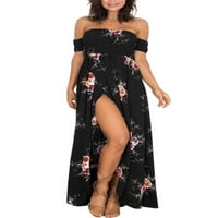 Ženska duga haljina, Maksi haljina s kratkim rukavima, sarafan s ramena, ženski havajski prorez, crni