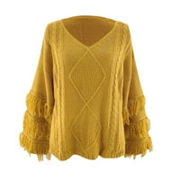 Džemper za žene, Pleteni džemper s okruglim ovratnikom s resicama, dukserica s dugim rukavima, žuti gornji dio