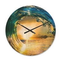 DesignArt 'Ocean -valovi u boji koji padaju na Sunset II' nautički i obalni zidni sat drveta