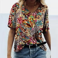 Hinvhai Clearance vrhovi za žene tiskaju majicu s V-izrezom majice kratke rukave vrhove bluze vino 12