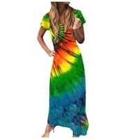 Baycosin Ljetne haljine za žene Maxi Fashiontie-boja za tisak s V-izrezom Udobna haljina kratkih rukava